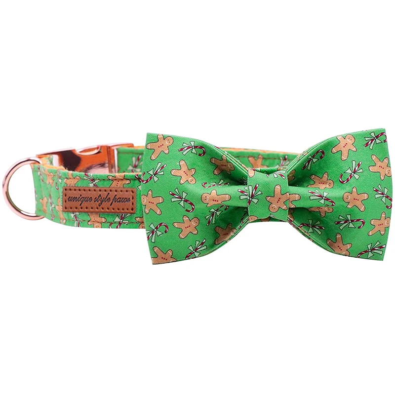 Unique Style Paws Christmas Cotton Dog Collar with Sailor Bow Gingerbread Man Puppy Collar for Small Medium Large Dog