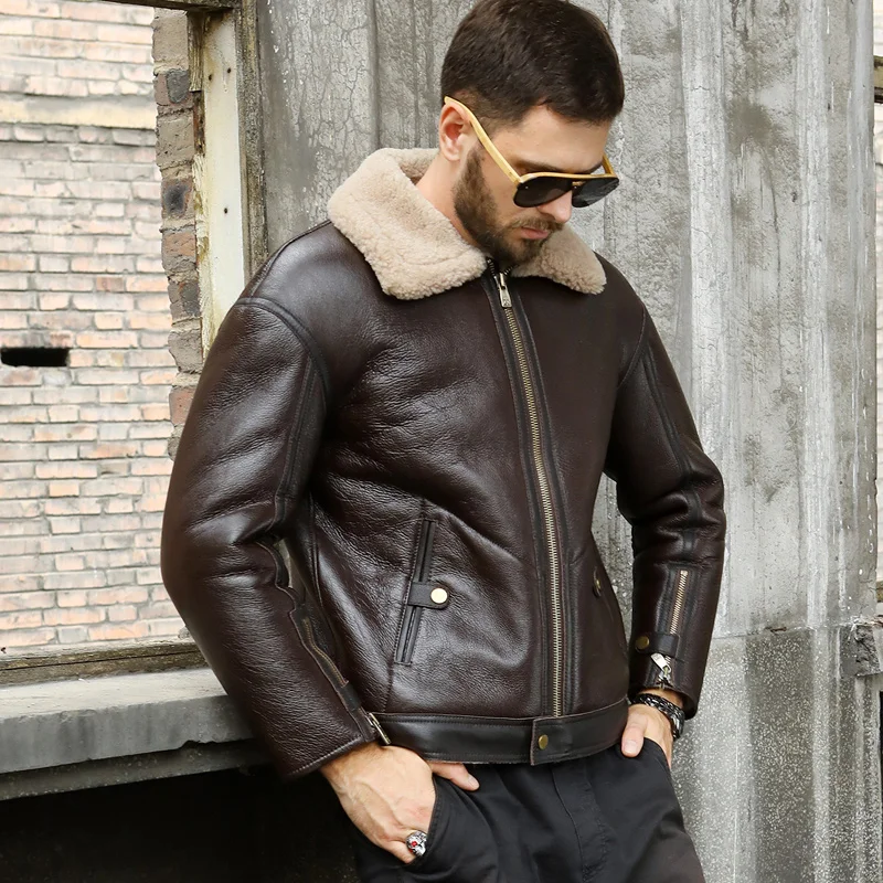 Denny&Dora New Mens Sheepskin Shearling Jacket Brown Leather Jacket Slim Short Motorcycle Jacket Thicken Wool Coat