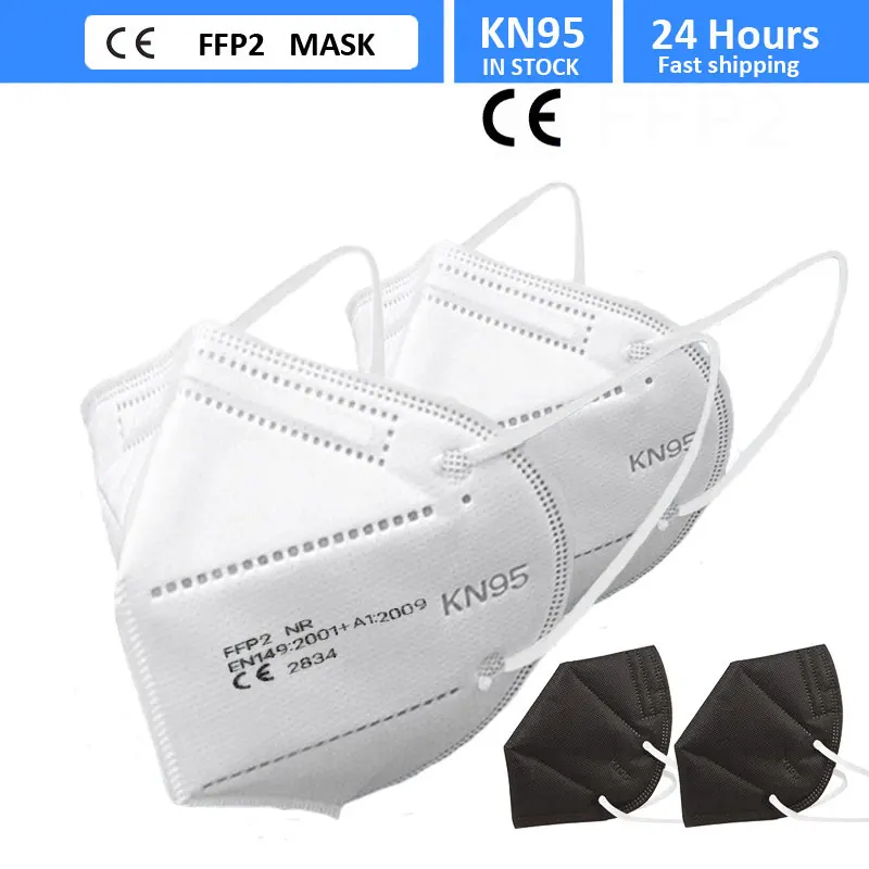 FFP2 KN95 Máscara Facial para Adultos, 5 Camadas, Máscaras Filtrantes, Filtração da Boca, Respirador Protetor, Preto, Branco