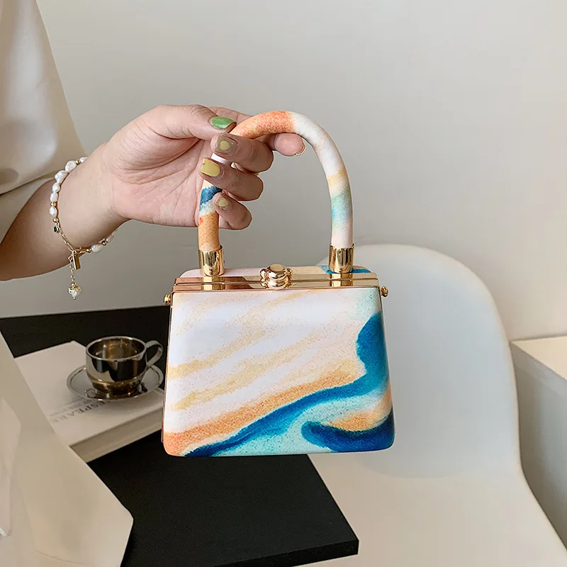 Watercolor Painting Pattern Box Shape Purses and Handbags Women Fashion Party Clutch Ladies Shoulder Bag Designer Bag Top Handle
