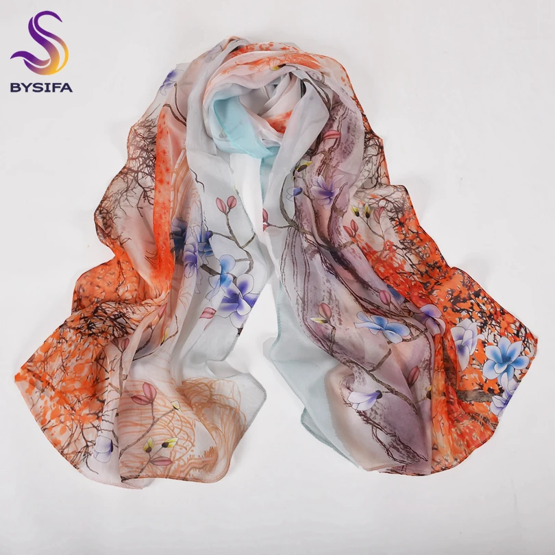 [BYSIFA] Blue Orange Silk Scarf Brand Spring New Floral Design Long 100% Silk Chiffon Scarf Shawl Fall Winter Women Neck Scarf