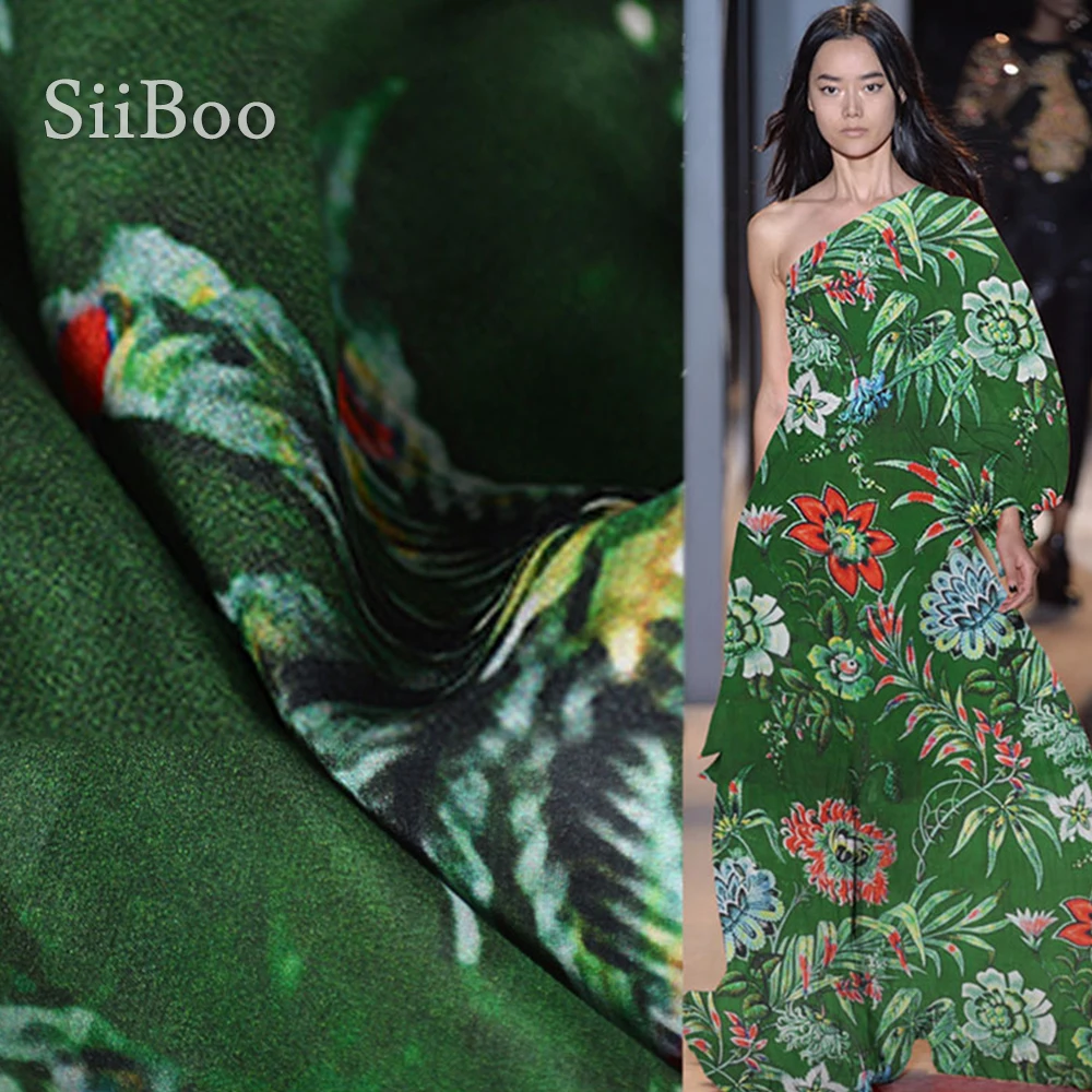 

American style green with floral print 100% silk crepe de chine fabric for dress pure silk tissue cloth tejido 12mm SP4164