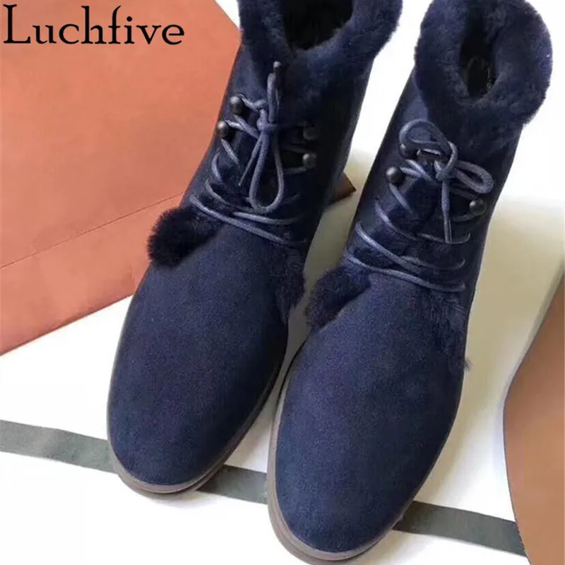 Natural Fur Snow Boots for Women Suede Leather High-help Lace up Flat Ankle  Boots Comfortable Wool Warm Winter Boots Mujer