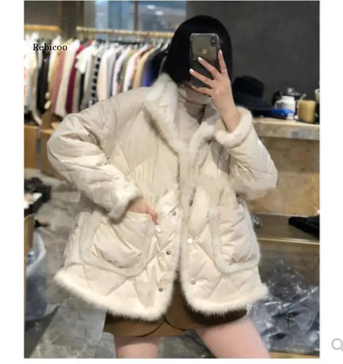 Fashion women Down Jackets Runway Luxury Long Sleeves Single Breasted Mink Fur Design party style Women Clothing