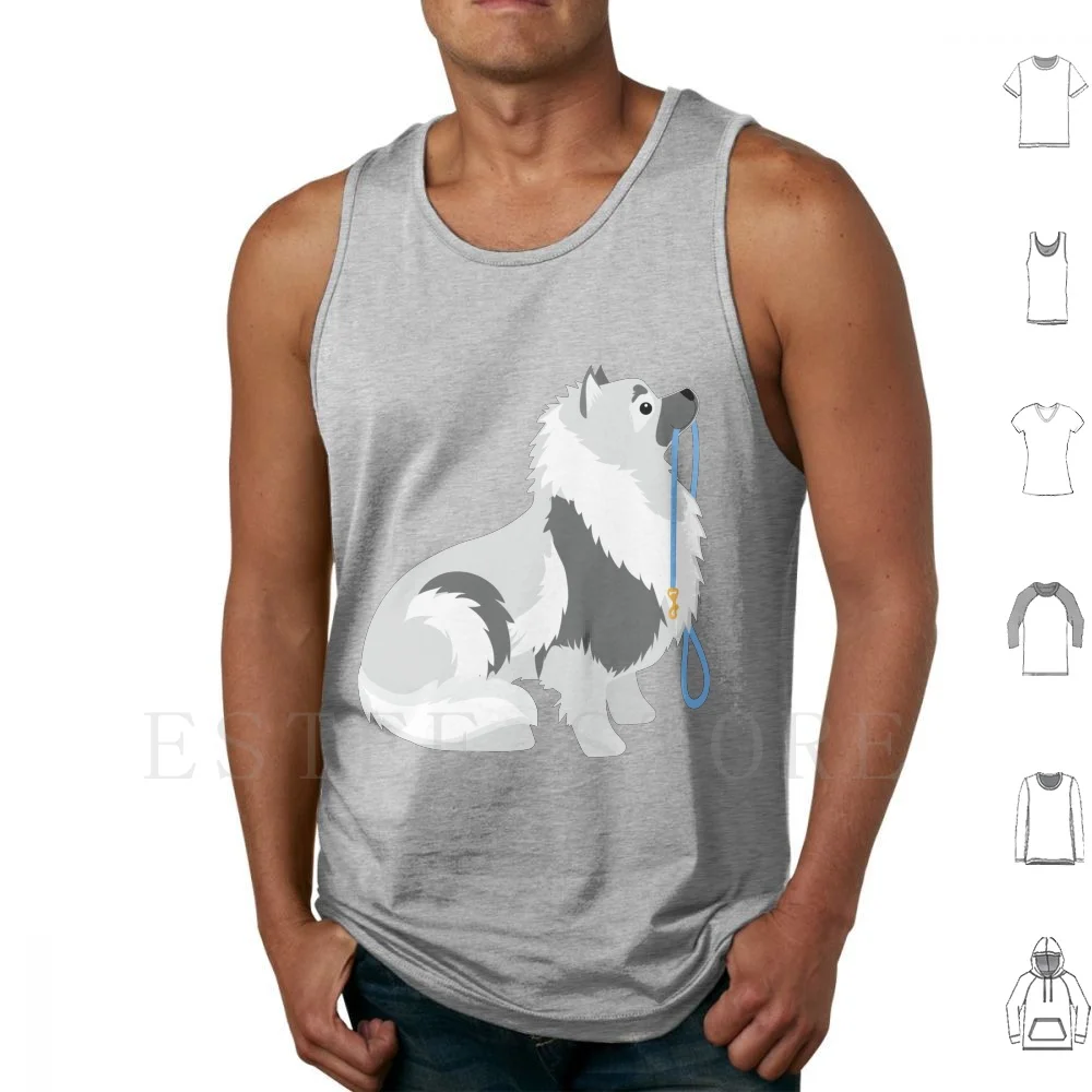 Keeshond Leash Tank Tops Vest Cotton Keeshond Dog Animal Leash Breed Puppy Pet Canine Purebred Cartoon Head Nose Ears Tail Sit