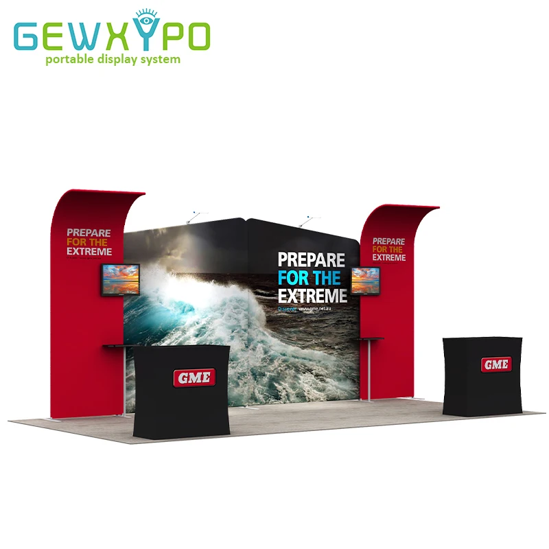 

20ft Trade Show Booth Portable Tension Fabric Advertising Banner Display Wall With Two Hard Case Podiums And Two LED Lights