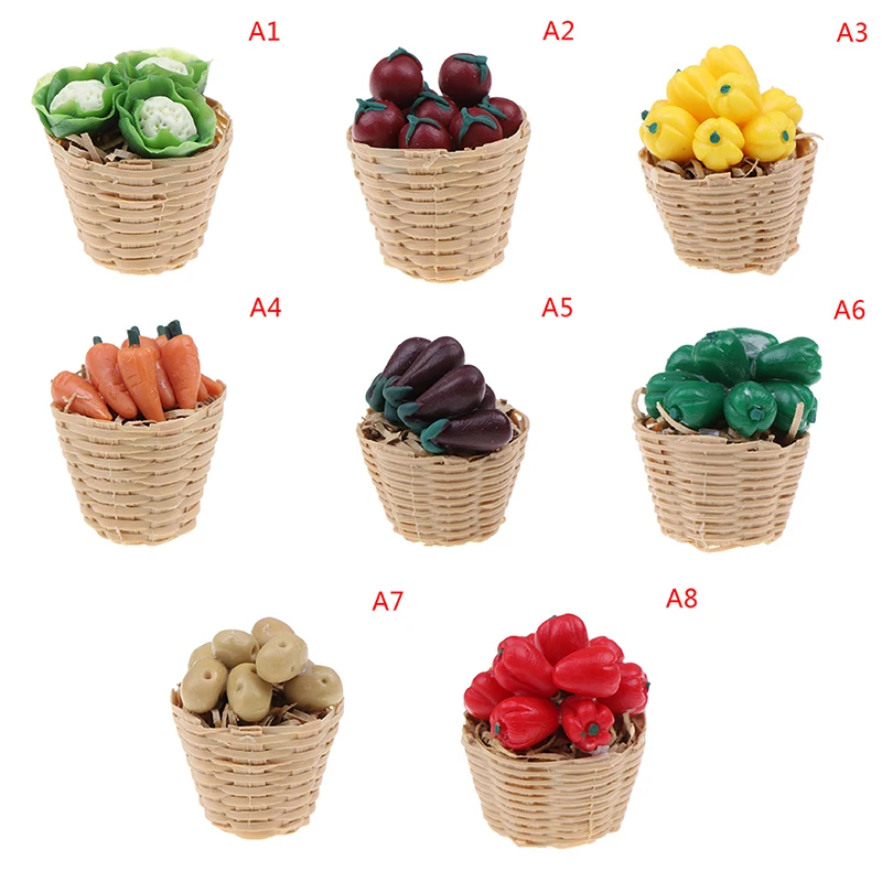 1:12 Mini Simulation Artificial Fruits and Vegetables Doll House Vegetable Bamboo Basket Miniature Accessories for Children