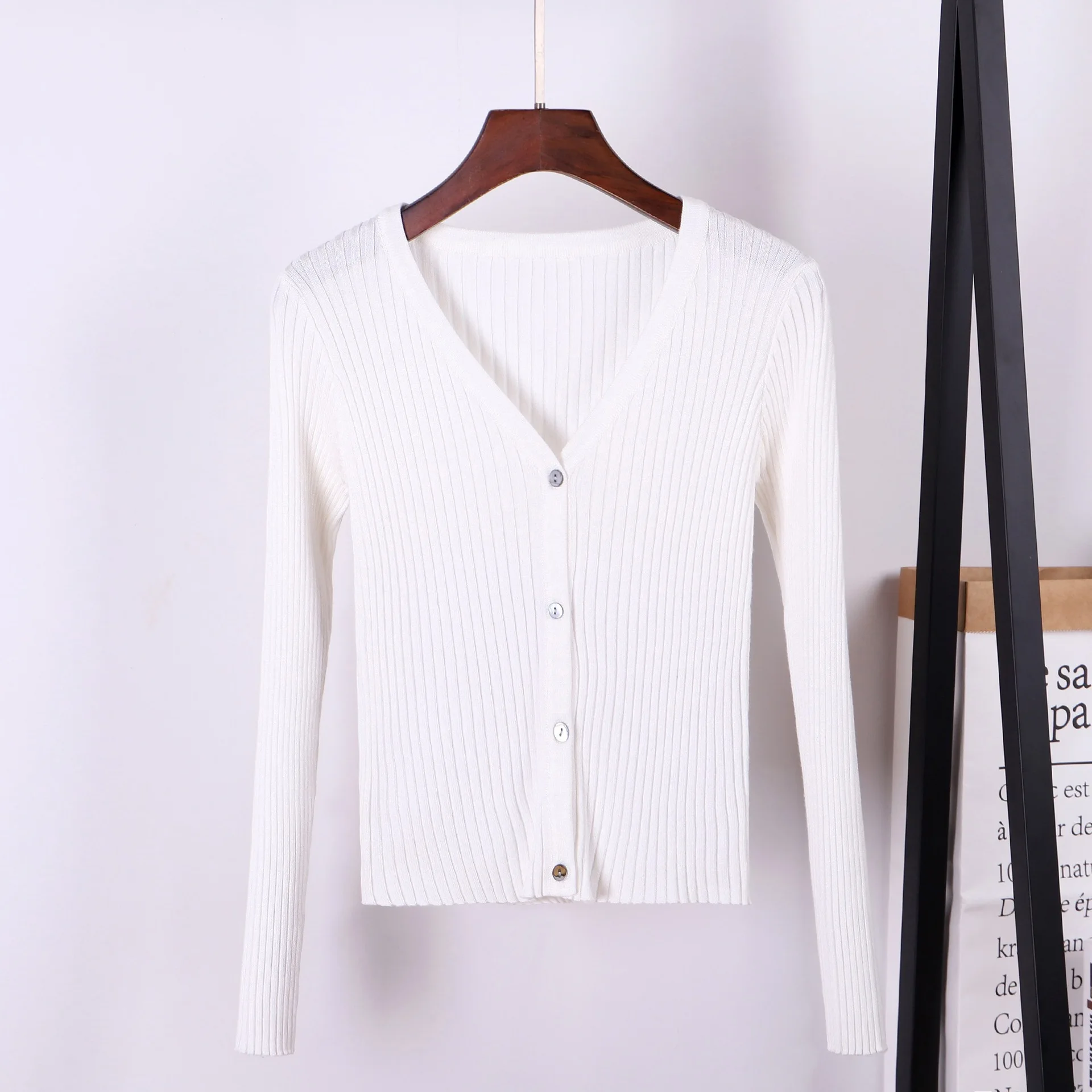 V-neck Thread Short Sweater Women's Long Sleeve Knit Sweater Slim Thin High Waist Jacket Feminine Streetwear