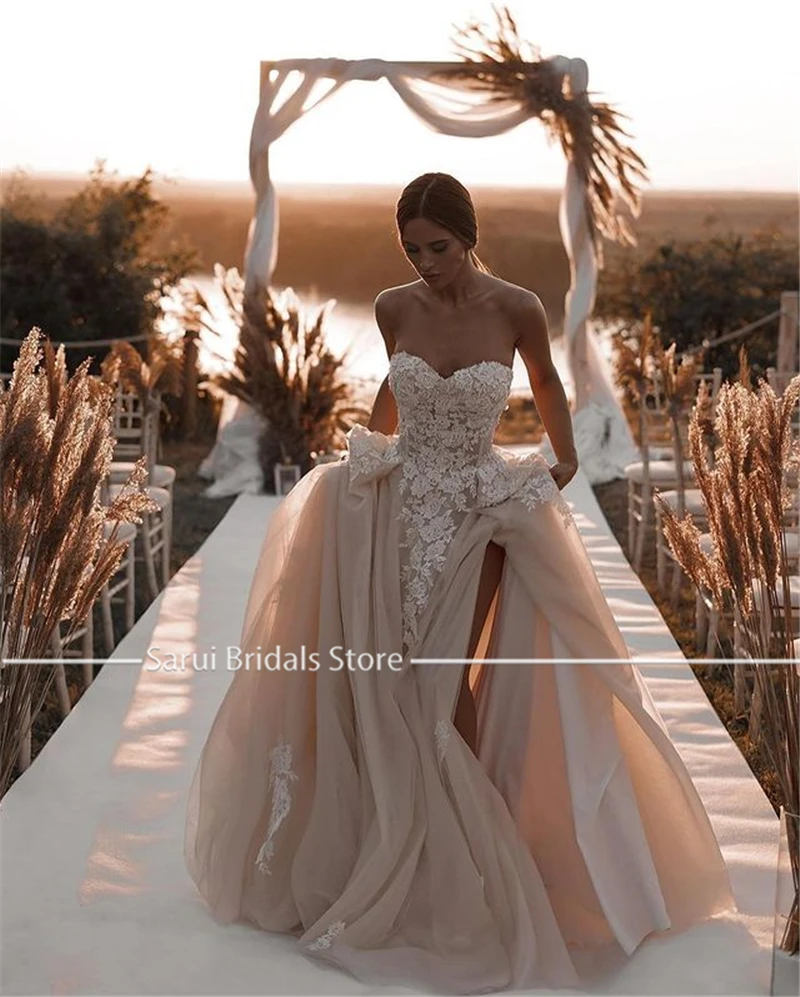 Customized Tulle Beach Scoop Neck Wedding Dress Applique Bride Gown Summer Holiday Boho Wedding Dresses Vestidos De Noiva