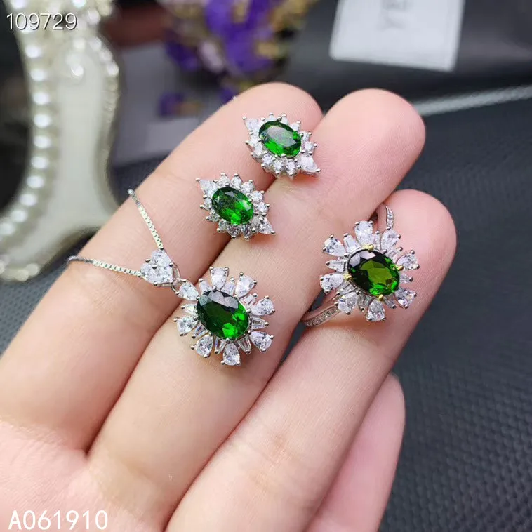 

KJJEAXCMY fine jewelry 925 sterling silver inlaid Natural Diopside Necklace Ring Earring fashion Suit Support Test popular