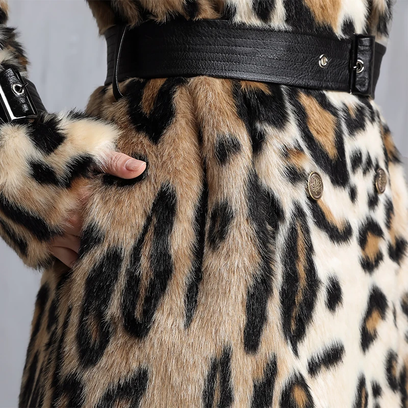 Nerazzurri Winter Long Leopard Print Warm Fluffy Faux Fur Coat Women with Leather Belt Runway Luxury Europen Style Fashion 2021