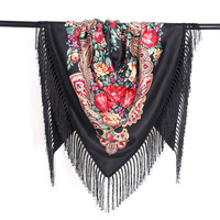 100% Cotton Muffler Warm Floral Paisley Scarf With Tassels,Russian Style Large Square Bandana Head Wrap Shawl Stole With Fringes