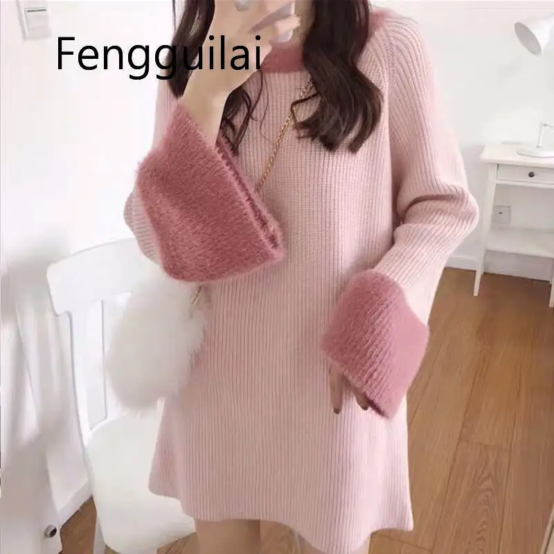 Abito maglione lavorato a maglia invernale manica lunga donna Pullover lana Oversize Mini abito rosa moda coreana 2020 tunica abbigliamento donna