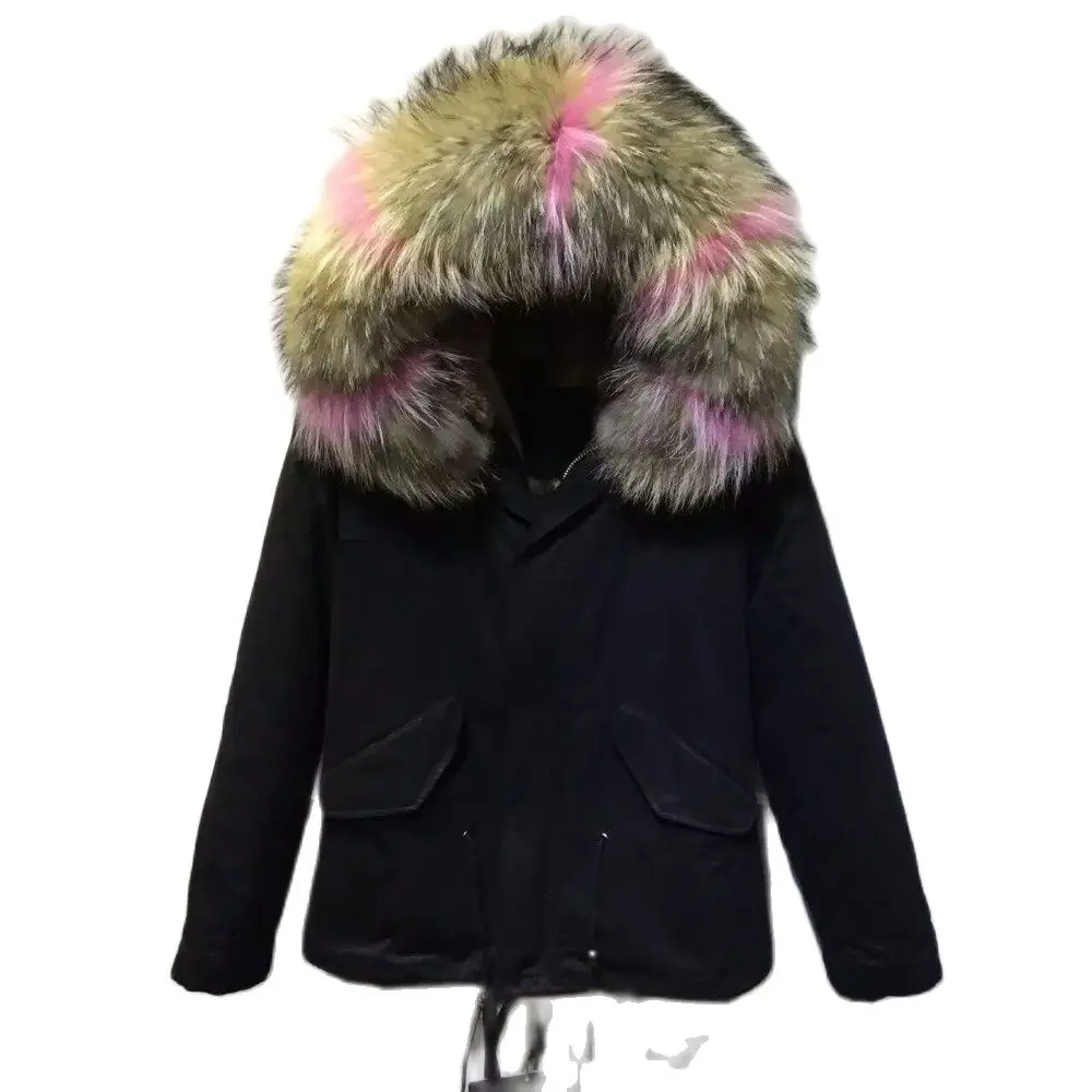 Natural With Pink Flex Raccoon Fur Collar Black Shell For Ladies Mrs Winter Short Wear DHL