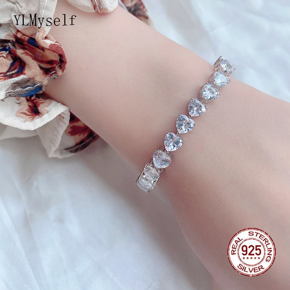 

YLMyself Solid Silver Tennis Bracelet, 6mm Shiny Heart Zircon, 15-18CM Length, Real 925 Fine Jewelry for Wedding Gift