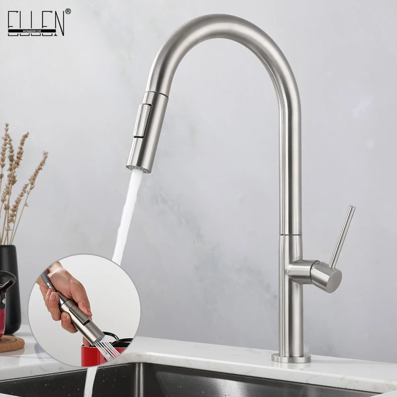 

ELLEN Hot Cold Kitchen Sink Faucet Pul Down Deck Mounted Brushed Nickel Water Mixer Tap Crane EL5415N