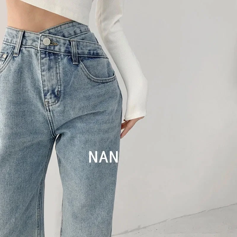 

Design sense cross waist straight jeans women's spring summer high waist jeans drop floor pants pants