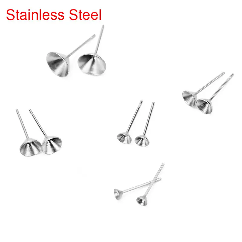 30pcs Hypoallergenic Stainless Steel 3 4 5 6 8mm Cubic Zircon Stones Stud Earring Base Settings For Diy Jewelry Making Findings