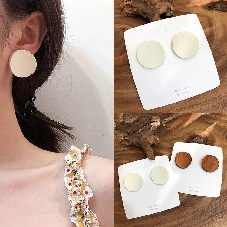 AENSOA New Trendy Round Wooden Earrings For Women 2021 Vintage 4 Color Wood Statement Pendant Earrings Costume Jewellery Gift