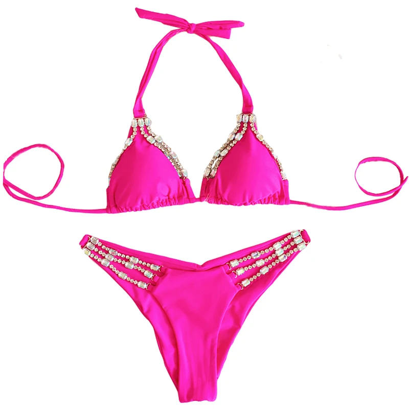 2024 New Sexy Metal Rhinestone Swimsuit Solid Color String Bikini Women Summer Beach Wear 2 Piece Swimwear Female Bathing Suit