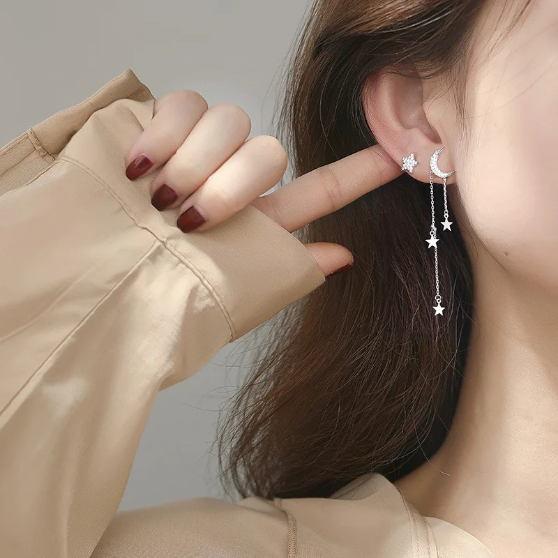 

Asymmetrical Earrings 925 Sterling Silver Star Moon Tassel Long Earrings Female Simple Personality Earrings Shiny Jewelry Gift