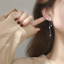 Asymmetrical Earrings 925 Sterling Silver Star Moon Tassel Long Earrings Female Simple Personality Earrings Shiny Jewelry Gift