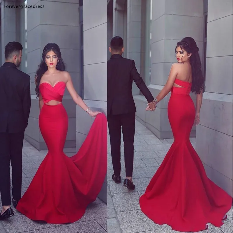 Sleeveless Long Red Two Pieces Backless Prom Dress Saudi Arabian Mermaid Sweetheart Evening Party Gown Custom Made