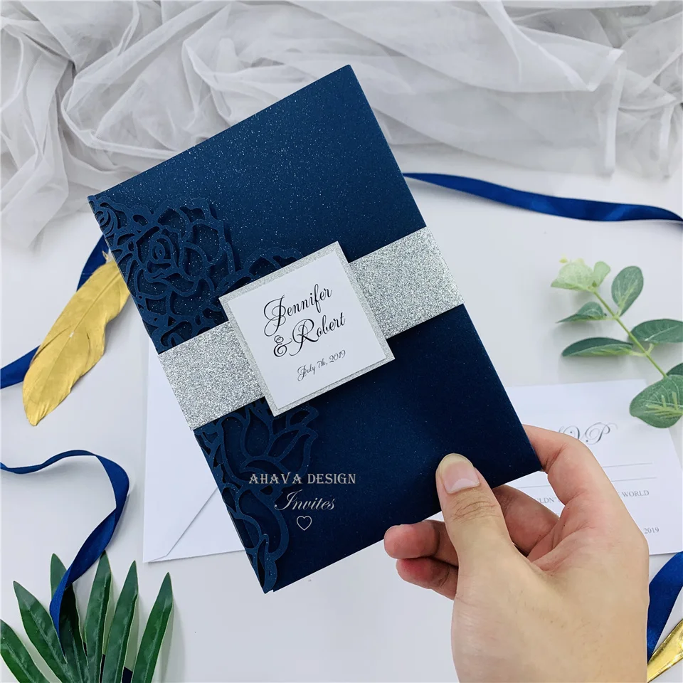 Elegant Modern Navy Laser Cut Pocket Wedding Invitation Suite With Glitter Silver Tag, RSVP card And Envelope