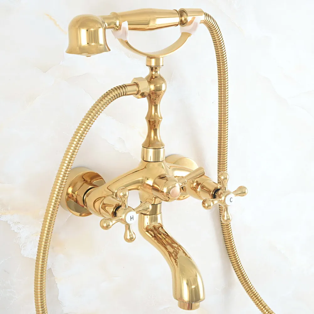 

Polished Gold Bathtub Shower Faucets Set Dual Knobs Mixer Tap Wall Mounted Bath Shower Set Swivel Tub Spout Bath Shower zna802