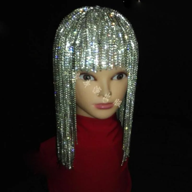 Nightclub Bar DS DJ Female Singer Dance Show GoGo Full Rhinestone Tassel Wig Headwear Flash Drill Hat DWY2635