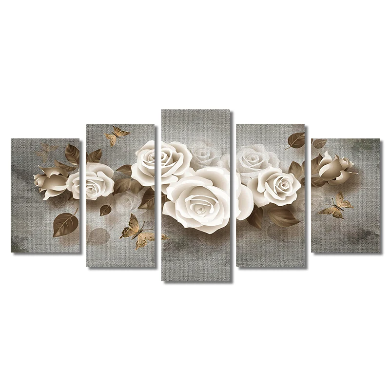 

5Plane Abstract White Flower Canvas Painting Combined Abstract Flowers Posters and Prints Wall Art Picture For Living Room