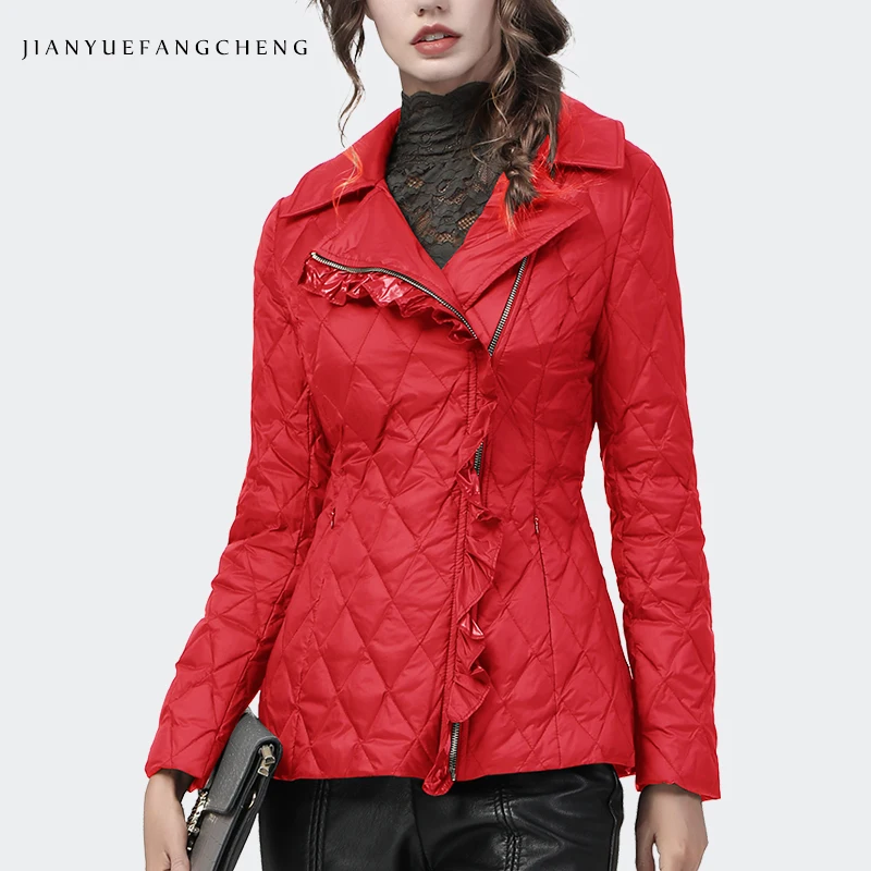 

Fashion Locomotive Style Women Winter Down Jacket Ruffles Edge Windproof Warm White Duck Down Puffer Coat Slim Short Winter Tops