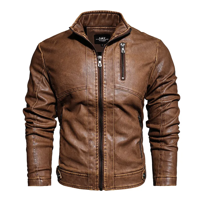 

2021 DAVYDAISY Men Ratro Jacket Solid Thick Autumn Winter PU Leather Chest Pocket Zipper Sleeve Regular Fit 5XL JK117