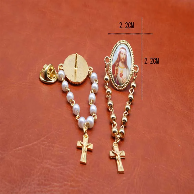 Catholic pearl brooch rosary brooch 12 pieces / random icon, pearl rosary jesus cross, brooch jewelry.