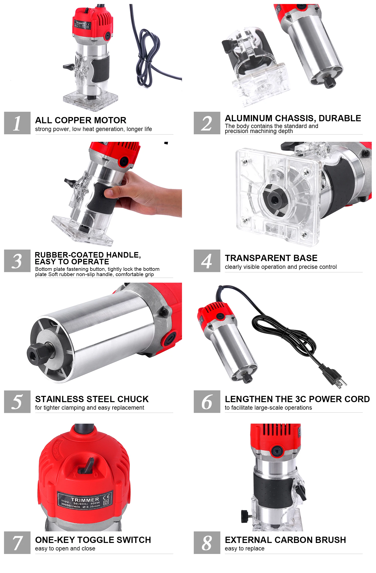 Tondeuse électrique pour bois, 800W, 1/4 pouces, outil de travail de calcul, menuisier, coupe et coupe, 30000R/MIN