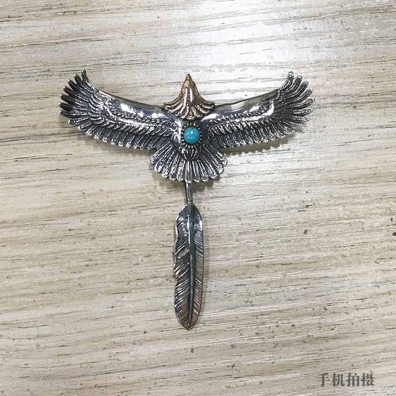 Ruibeila925 sterling silver retro turquoise animal Flying Eagle Feather Pendant pendant exaggerated punk jewelry animal necklace