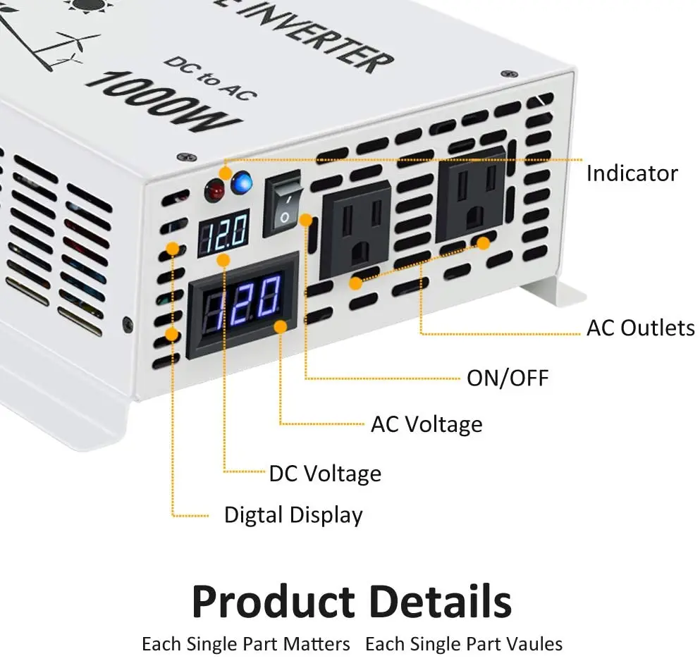 Imagem -06 - Inversor de Onda Senoidal Pura Painel Solar Gerador Bateria dc para ac Conversor de Tensão 12v 48v 110v 120v 230v 240v 1000w 24v 220v