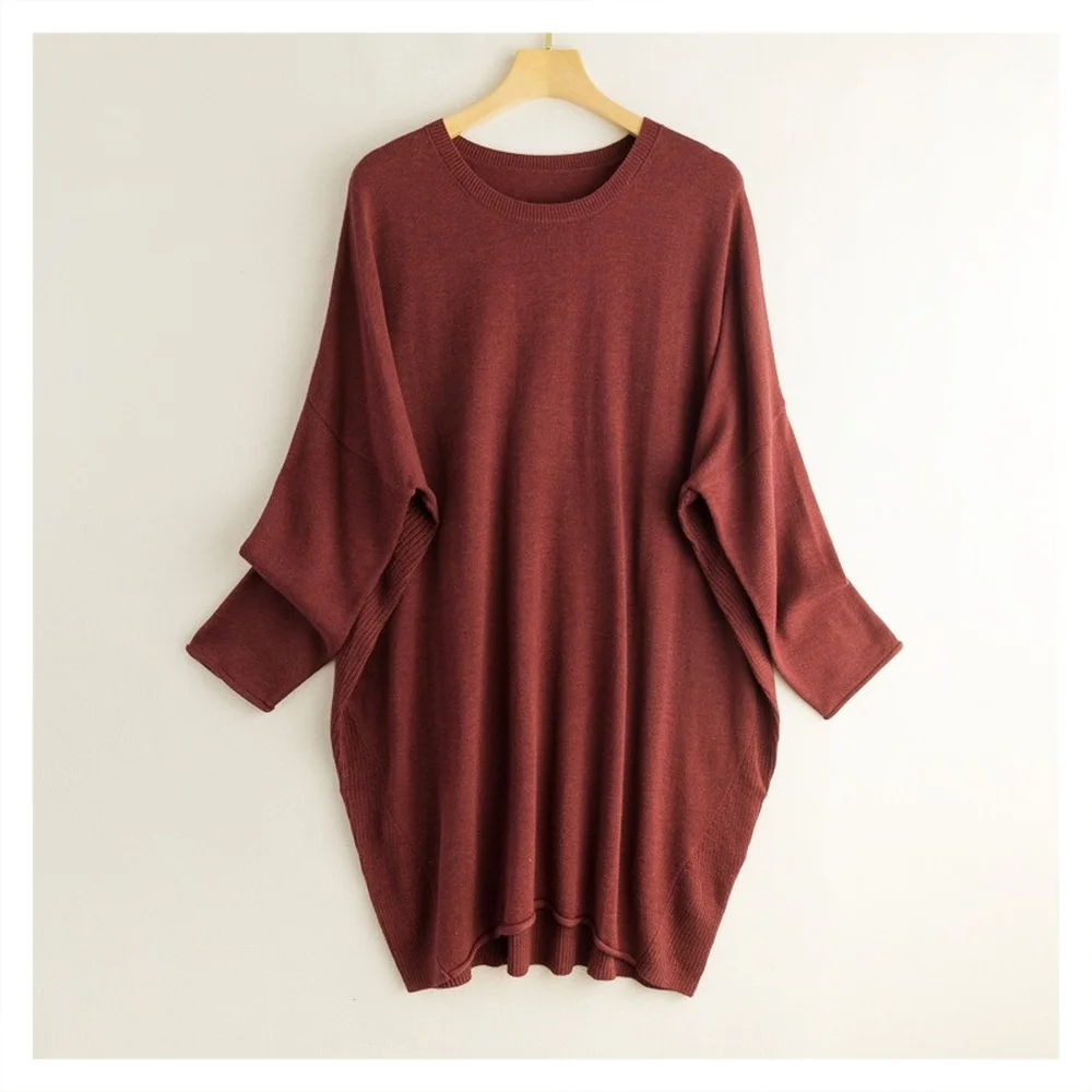 Silk Cashmere Sweater Women's Mulberry Silk Round Neck Solid Color Bottomed Shirt Top Medium Long Bat Sleeve Loose Sweater