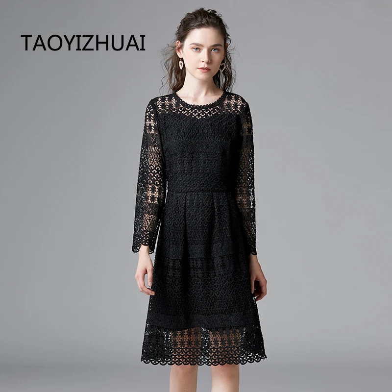 

TAOYIZHUAI autumn winter black lace women dress o neck full sleeve vintage style straight plus size knee length for party 14348