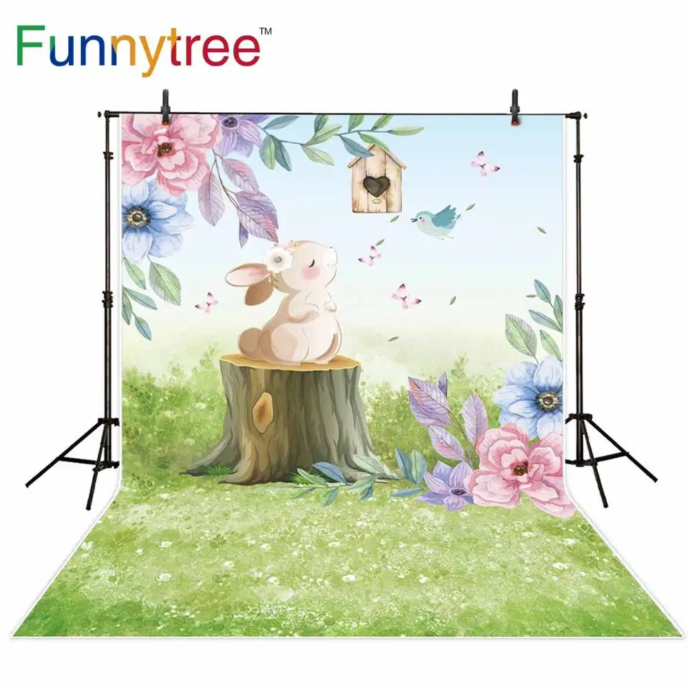 Funnytree Rabbit Floral Backdrop Spring Easter Birthday Party Baby Shower Background Wallpaper Photo Studio Photo Booth Decor