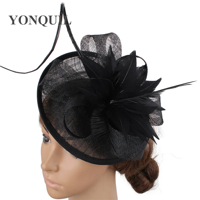 Gele Sinamay Mode Hoofddeksel Voor Elegante Bruids Bruiloft Hoofddeksels Veer Bloem Hoofddeksel Mariage Bruid Fascinators Hoed