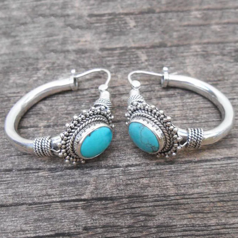 

Vintage Jewelry Earrings Women's Boho Ethnic Silver Color Circle Blue Stone Earrings Party Jewelry