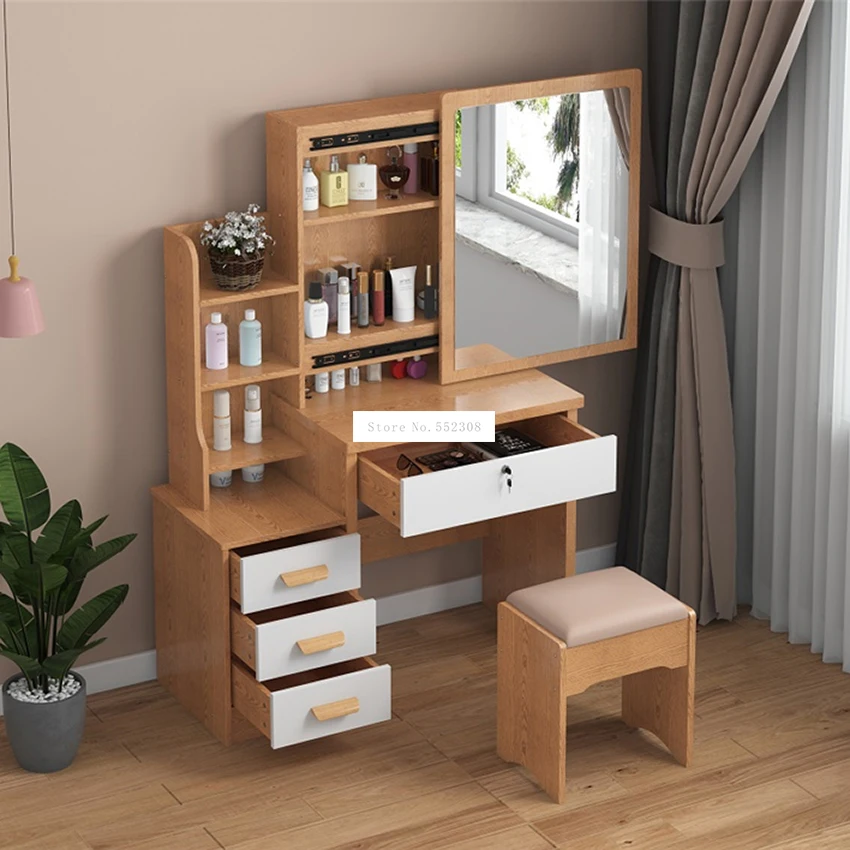 C918/C501 Simple Modern Dresser Household Bedroom Dressing Table Density Board Makeup T able With Mirror Drawer Lock Stool