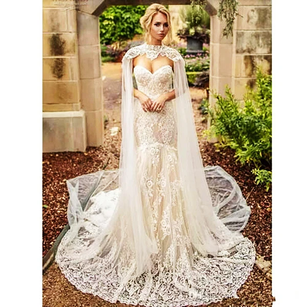 Árabe vintage bege sereia vestido de casamento com longo envoltório rendas apliques querida decote país vestidos de noiva feito sob encomenda