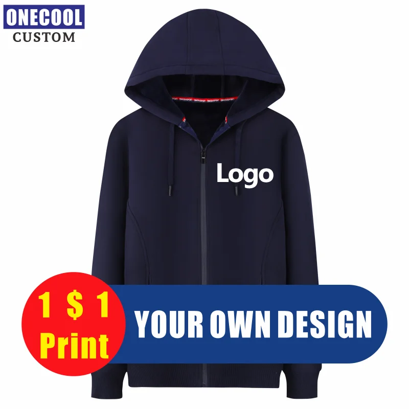 High Quality Zipper Hoodie Custom Logo Sweatshirt Embroidery Personal Design Print Company Brand Plus Velvet Jacket ONECOOL