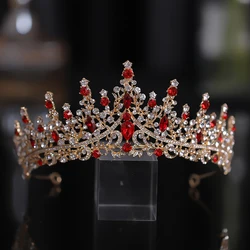 New Golden Bride Crown Princess Headwear Birthday Red Rhinestone Headband Wedding Hair Jewelry Bridal Tiaras Vintage Headpiece