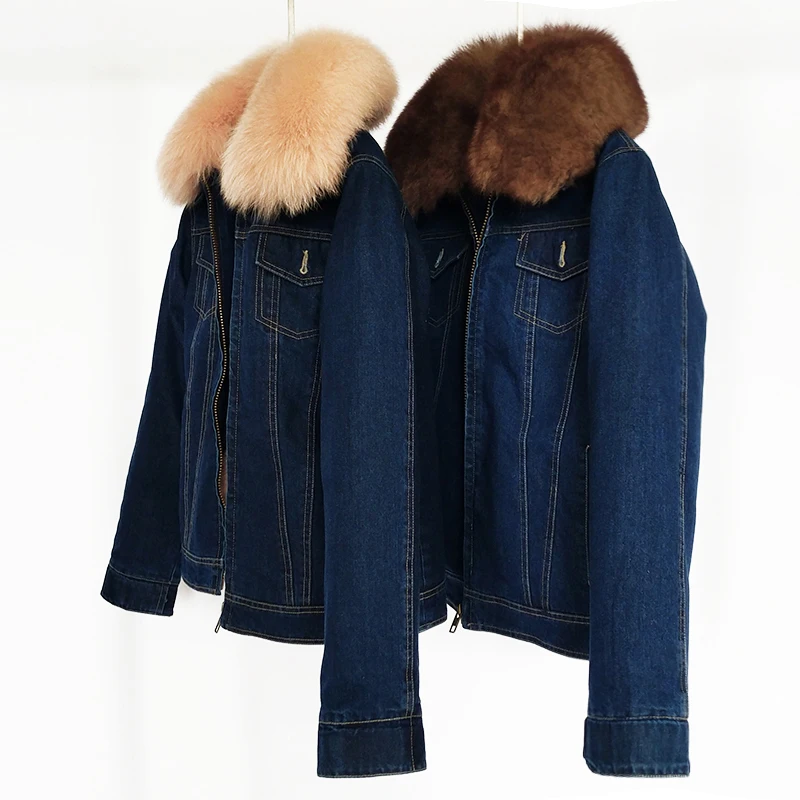 

New winter denim jacket, fox fur collar pie, overcoming fur liner to keep warm, ladies jacket thickened long sleeves