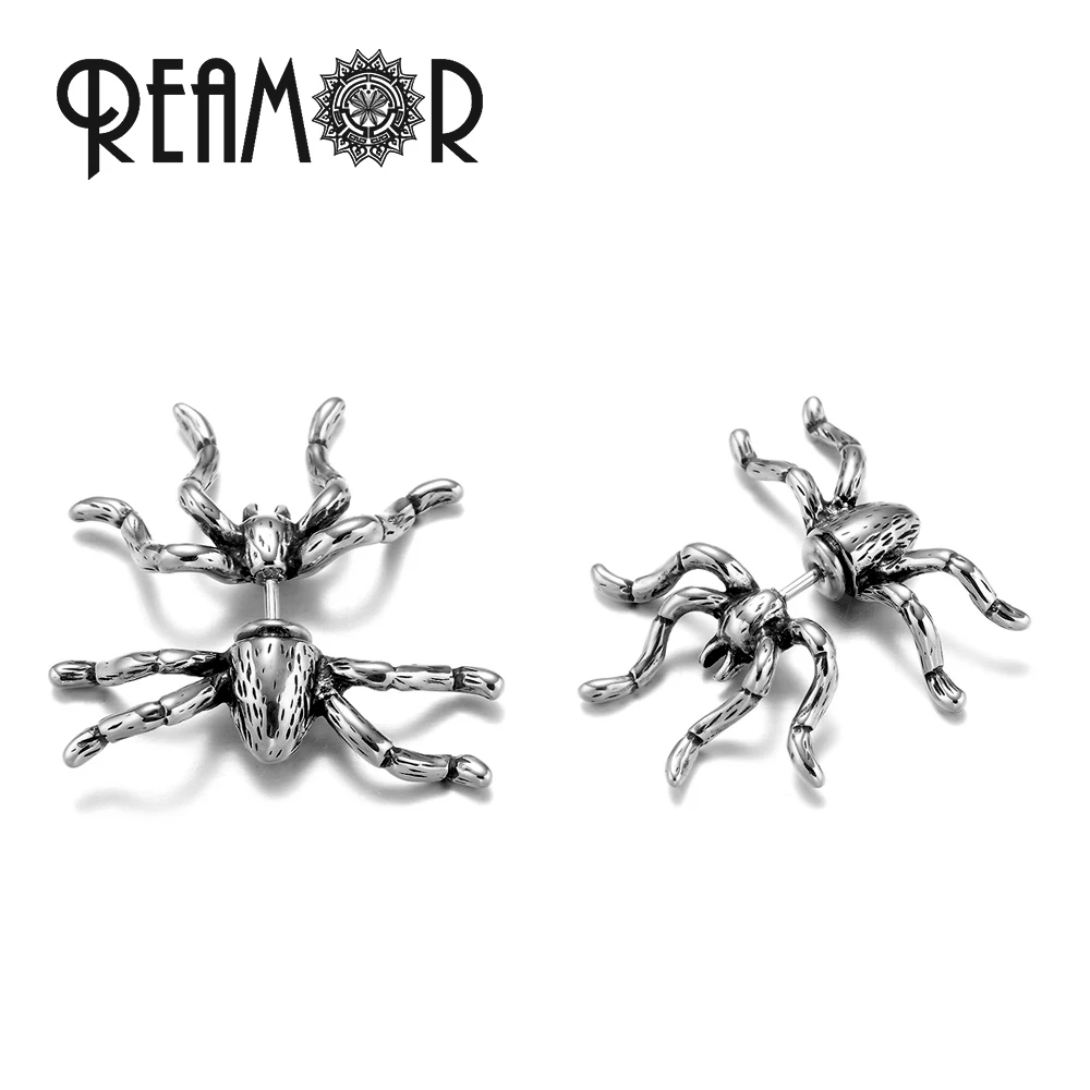 REAMOR Punk Rock 3D Spider Dragon Stud Earrings For Women Men Stainless steel Animal Piercing Earrings Unique Jewelry 1 Pair