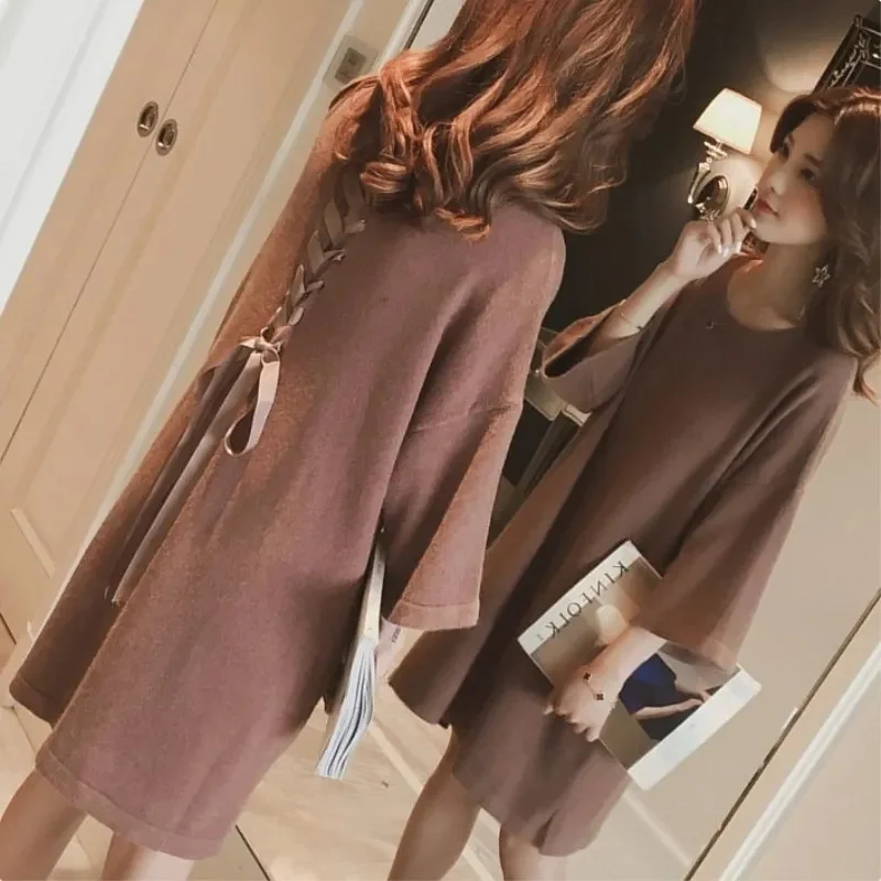 Base Knit Sweater Sweater Fashion Women\'s 2021 Spring And Autumn New Style Korean Mid-Length Loose Back Lace-Up Female Dress E