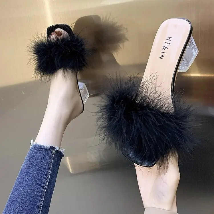 Mules Sandal Women Summer Outdoor Fashion Slippers Square Toe High Heels Office Ladies Feather Slides Chic Classics Furry Shoes